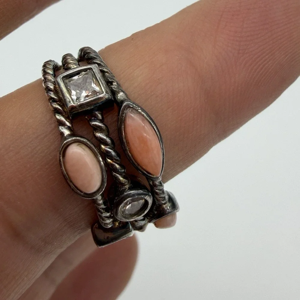 Vintage ESPO Joseph Esposito Sterling Silver 925 Coral Gemstone Ring CZ Sz 7‎